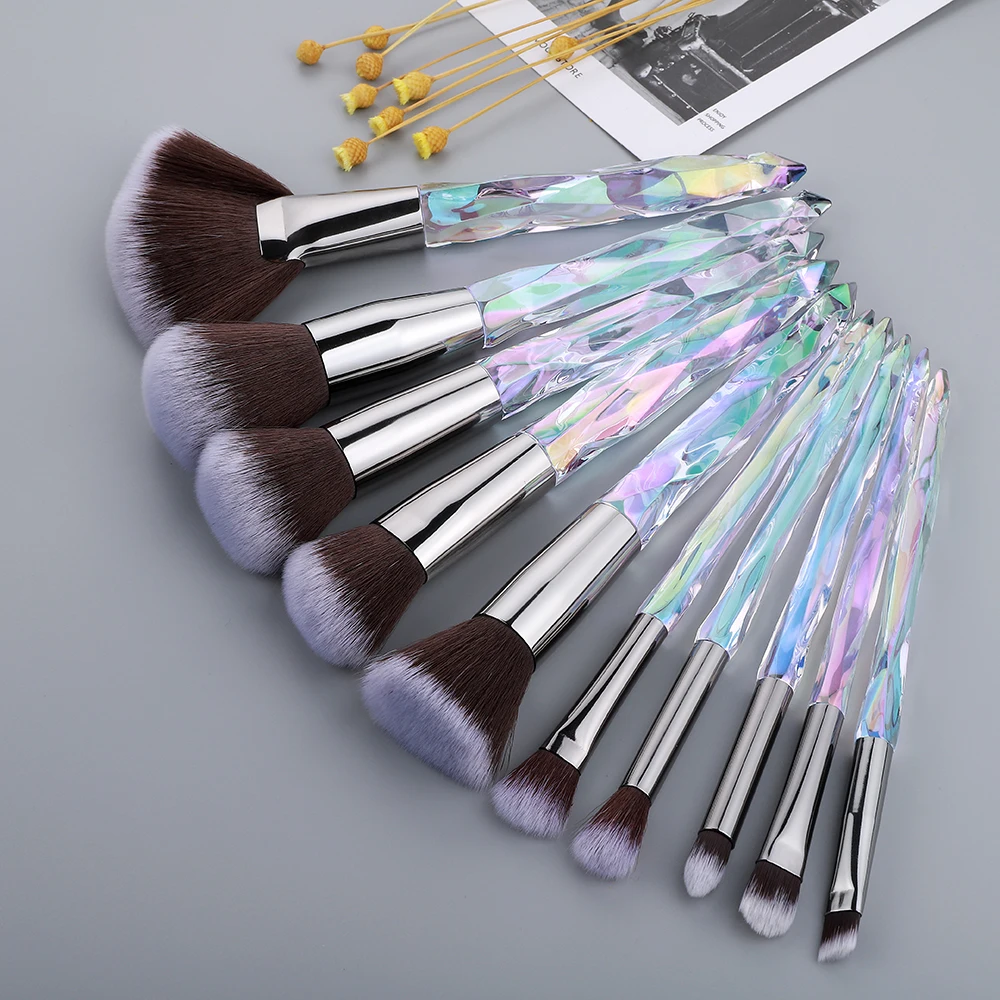 FLD 10Pcs Crystal Makeup Brushes Set Powder Foundation Fan Brush Eye