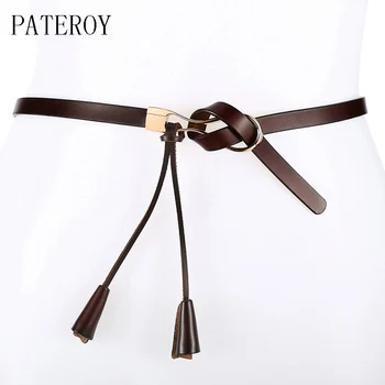 

PATEROY Cowskin Belts For Women Knot Thin Belt Gold Buckle Genuine Leather Female Waistband For Dresses fashion Waist Strap Ring