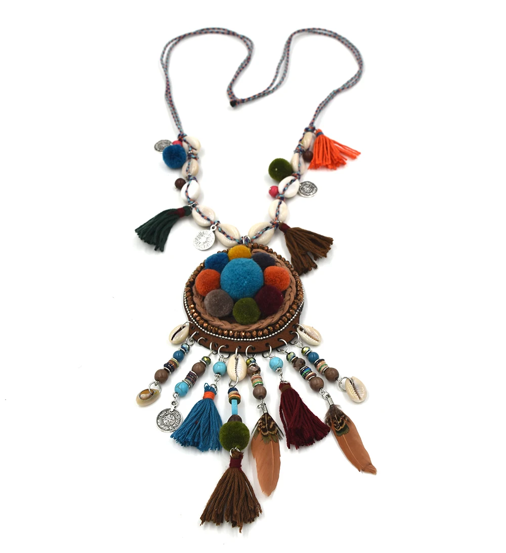 2017 new Boho jewelry handmade beaded tassel pendants Necklace dream catcher Pompons Pomoms ball pendants necklace collier