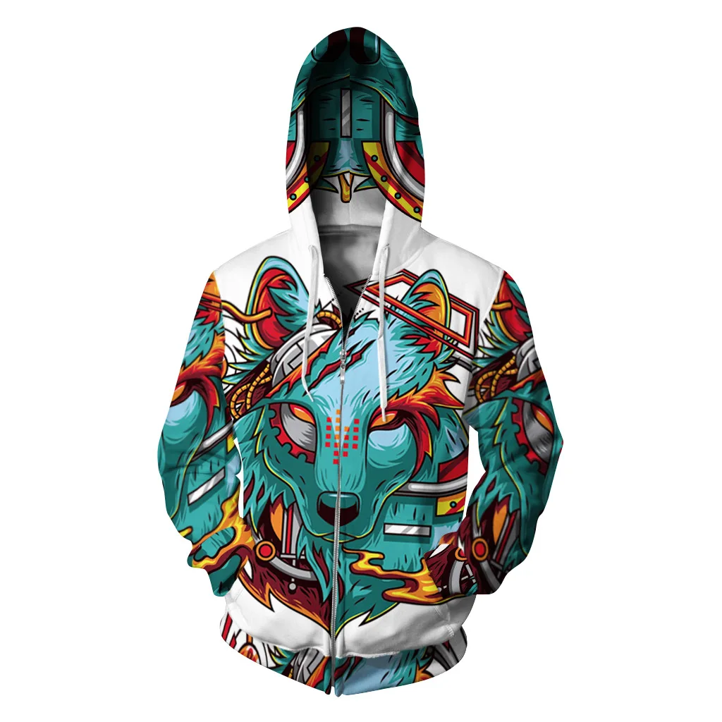 2017 New Fashion Loose Thin Cap Sweatshirts 3D Print Wolf Men/women Zipper Hooded Hoodies Casual Hoody Tops S-3XL