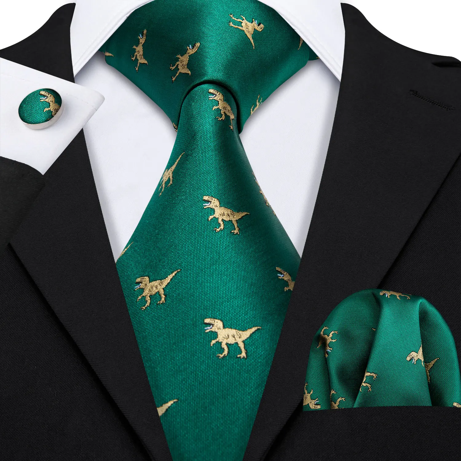 

Barry.Wang Fahsion Designers Gold Dinosaur Green Mens Silk Ties Gravat Hanky Box Gifts Set Ties For Men Wedding Groom Neckties