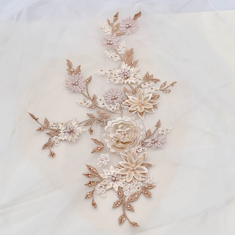 

1Pcs 40.5*24CM 3D Beaded Hot Drilling Embroidery Lace Peony Flowers Applique DIY Wedding Dress Accessories Sew on Lace Patches