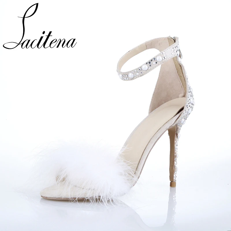 white feather high heels