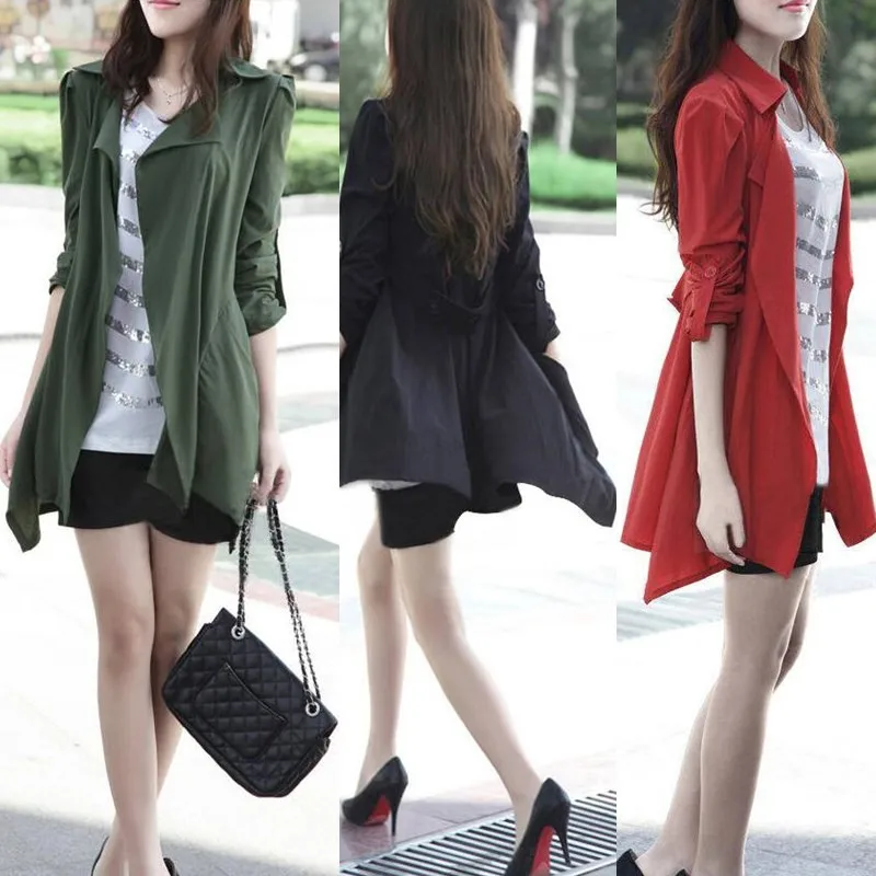 

Spring & Autumn Women Mid-long Style Windbreaker,Large Size Long Cardigan Trench Overcoat,Casual Loose Turn-down Collar Coat