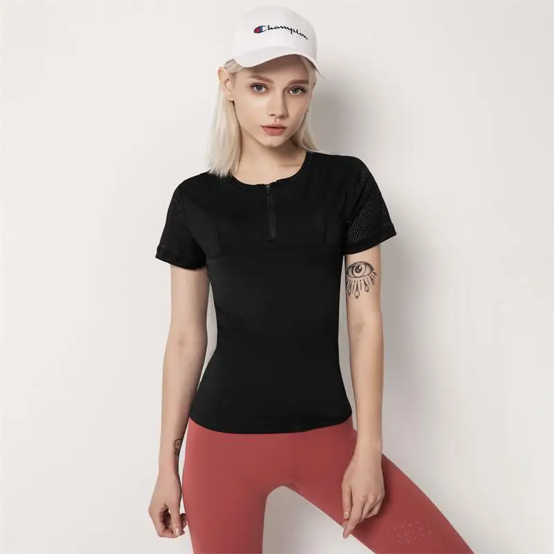 Женские футболки для йоги, сетчатые, лоскутные, беговые, короткая женская обтягивающая фитнес-футболки, эластичные, на молнии, с воротником, спортивные топы, тренировочная блуза для спортзала - Цвет: T190506 Black