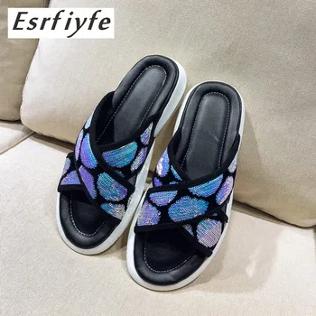 

ESRFIYFE 2019 New Cross Slippers Female Wedges Heel Wear Outside Women Slippers Fashion Shoes Woman Flat Slippers At Home Bling