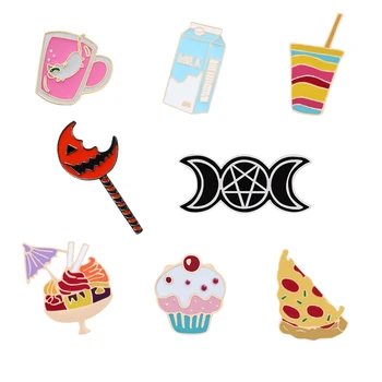 

Enamel Pins Cute Cartoon Brooches Cakes Milk Candy Pizza Moon-Star Clothes Coat Lapel Pin Bag Button Badge Jewelry Gift For Kids