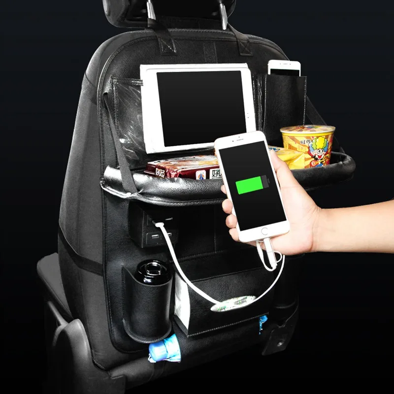 Car Backseat Organizer with Dining Table PU Leather PVC Transparent Bag Auto Back Seat Pocket Storage Bag Tray with 4 USB Ports (3)
