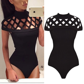 

hot Fashion Women's Sexy Short Sleeve Hollow Out Shirt Romper Jumpsuit Summer Bodysuit High Cut Leotard Top Blouse