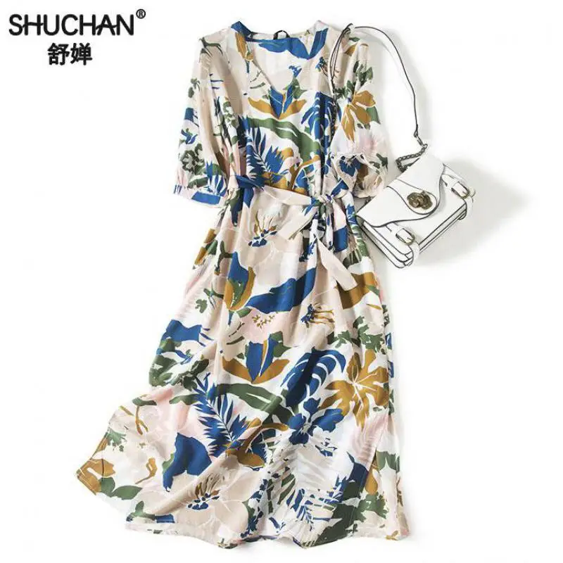 

Shuchan Natural Silk Long Dress Chic Print Short Sleeve Sashes Mid-calf V-neck Vestido summer dress for women A0977