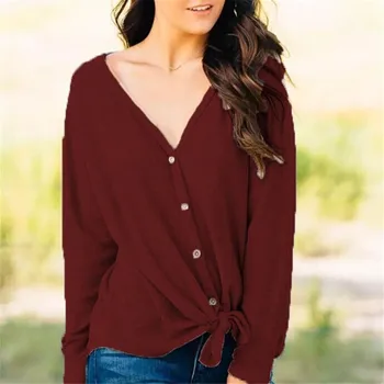 

Button Long Sleeve Women Shirts Sexy V Neck Solid Womens Tops And Blouses Casual Tee Shirts Tops Female Clothes Plus Size XXL