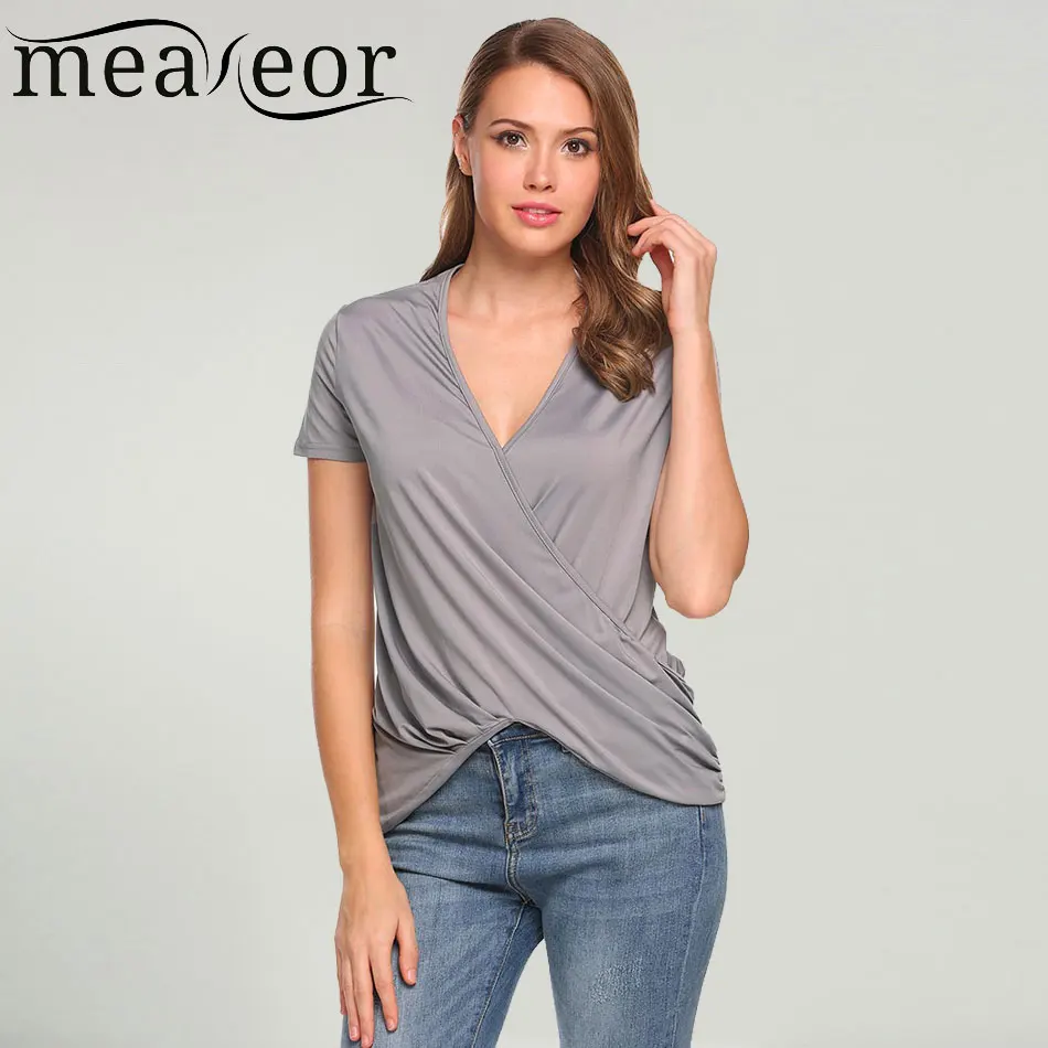 Download Meaneor T Shirts Women Tshirt Cross Front Faux Wrap Draped ...