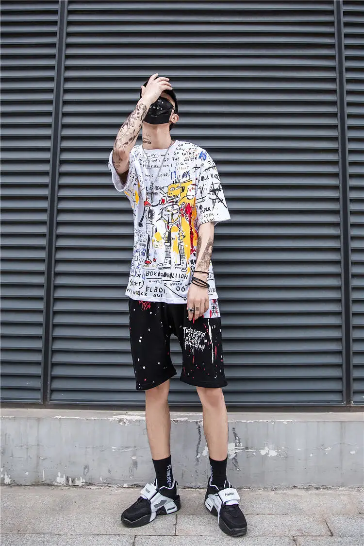 Мужская хип-хоп свободная футболка летняя футболка с коротким рукавом Повседневная футболка уличная мода футболки с мультяшным принтом граффити
