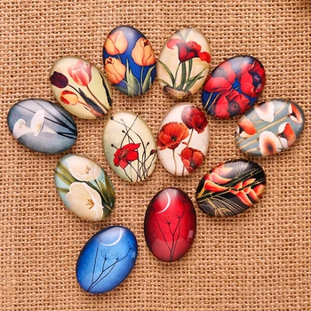

20pcs Mixed Tulip Flower Pattern Glass Cabochon 18*25mm Oval flatback handmade Pendant Necklace findings