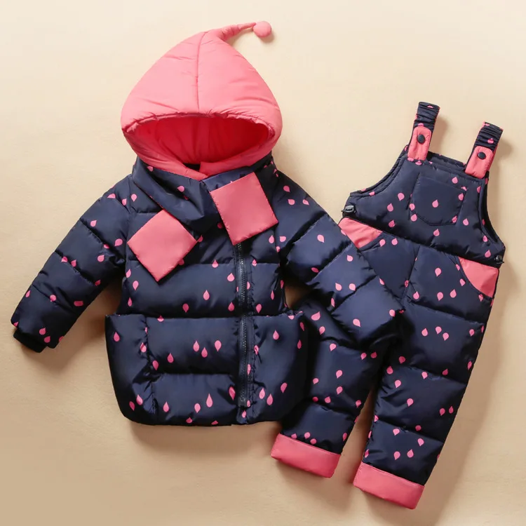 ZPW Baby Toddler Winter Snowsuit Polka Dot Scarf Hoodie Down Jacket Snowpants 2 Pieces Sets