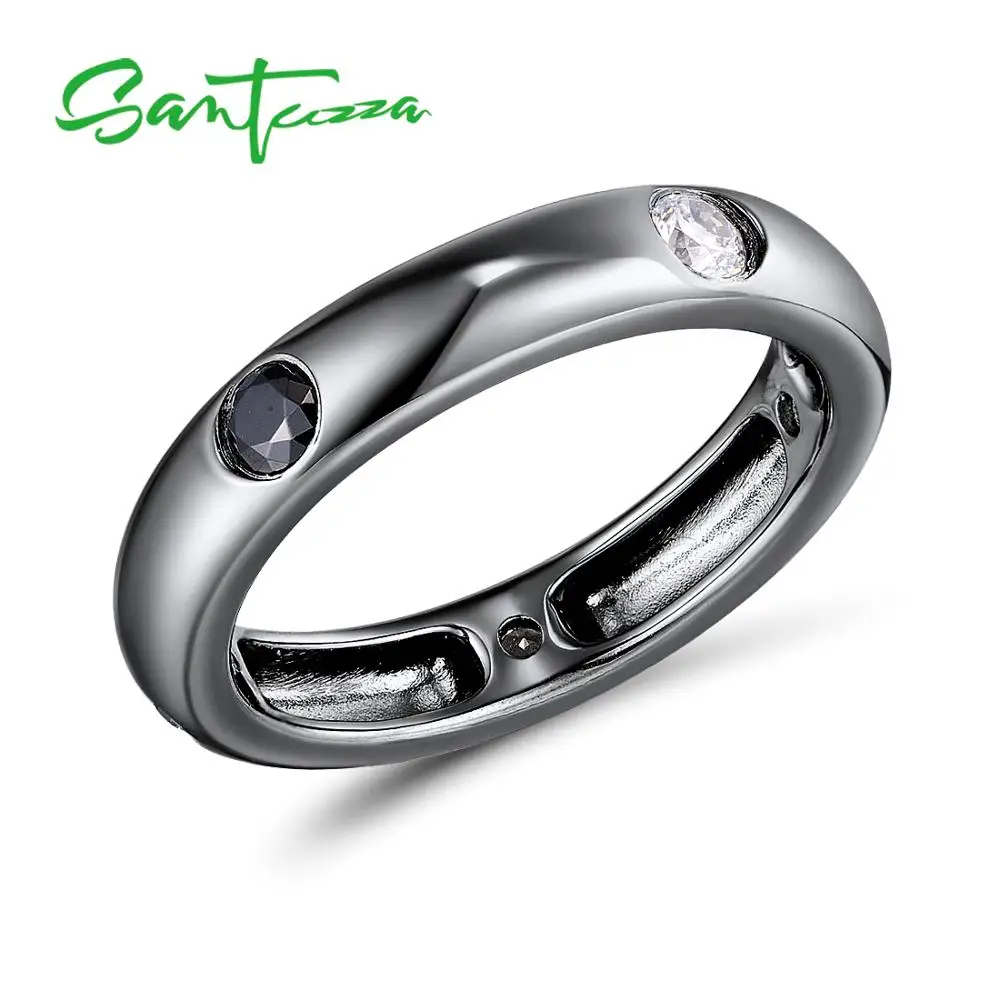 

Santuzza Silver Ring For Women Simple Black white Cubic Zirconia Eternity Ring Pure 925 Sterling Silver Ring Fashion Jewelry