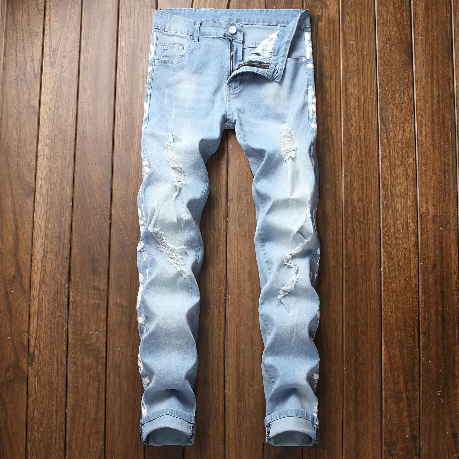 Новые мужские рваные вышитые джинсы тонкие брюки мужские повседневные тонкие летние джинсовые брюки классические ковбойские штаны для