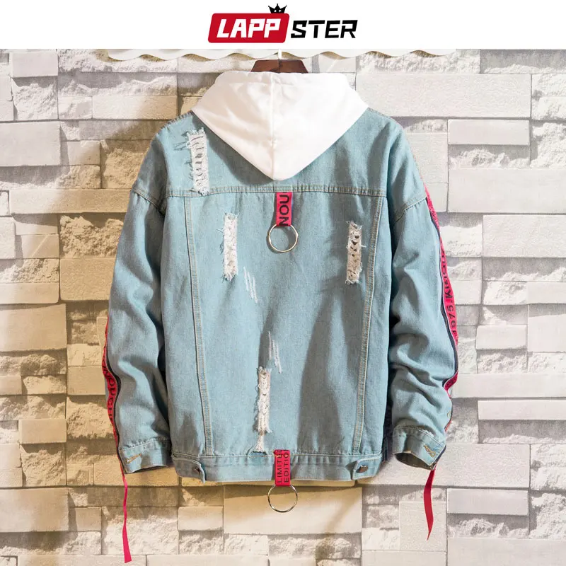 LAPPSTER Men Ribbon Blue Jean Jackets 2019 Man Japanese Streetwear Hip Hop Denim Jacket Harajuku Bomber Jacket Windbreaker INS