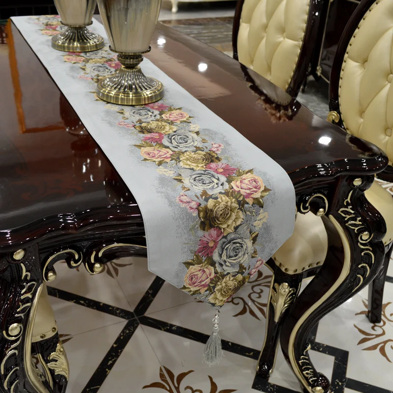 

Fashion modern European style table runner Table flag blue rose silk embroidery runner