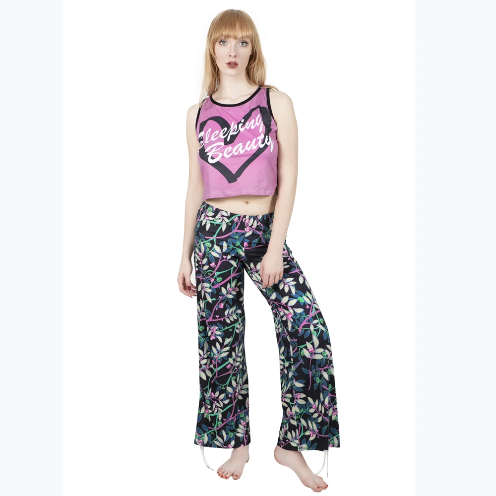 

Womens Pajamas black Twigs Printing Pyjama Set Drawstring design Pajama pants Female Nightwear Set Three Piece Set Loungewear