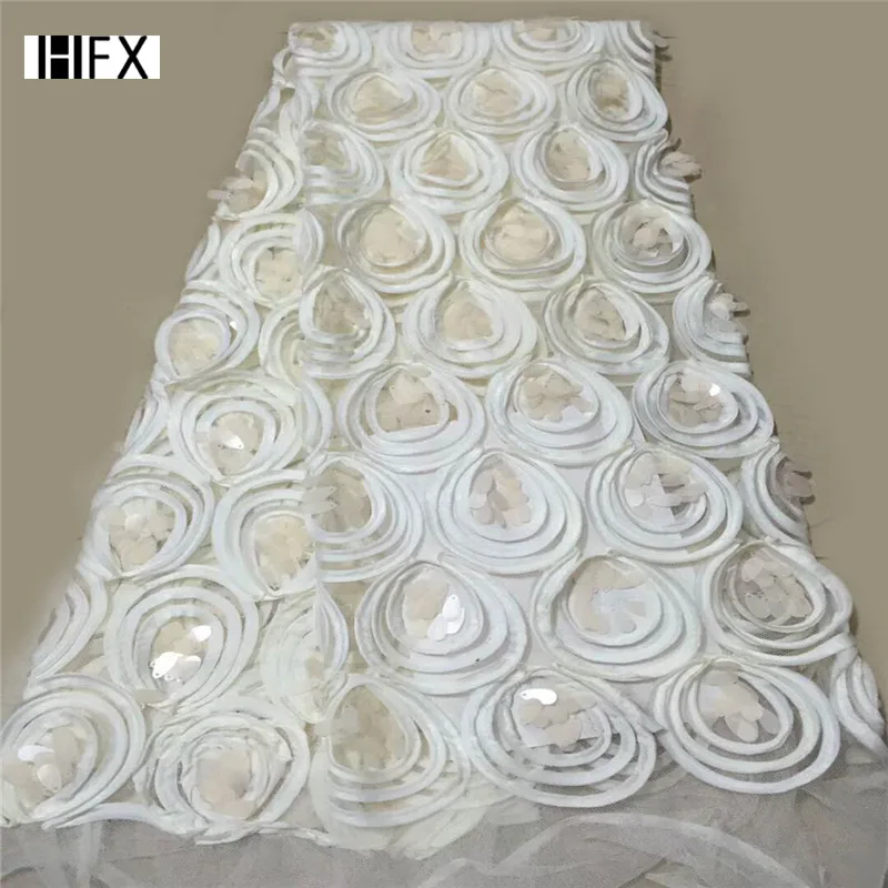 

Nigerian Lace Fabrics For Wedding 2018, African French Lace Fabric High Quality 3D Lace, Velvet Lace With Sequins White H580-1