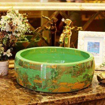 

Round Bathroom Counter Top Wash Basin Cloakroom Hand Painted Vessel Sink bathroom sink ceramic art wash basin