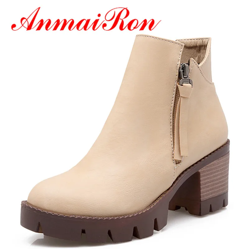 

ANMAIRON High Heels Round Toe Black Shoes Woman Zippers Ankle Boots for Women Platform Winter Warm Boots Shoes Large Size34-44