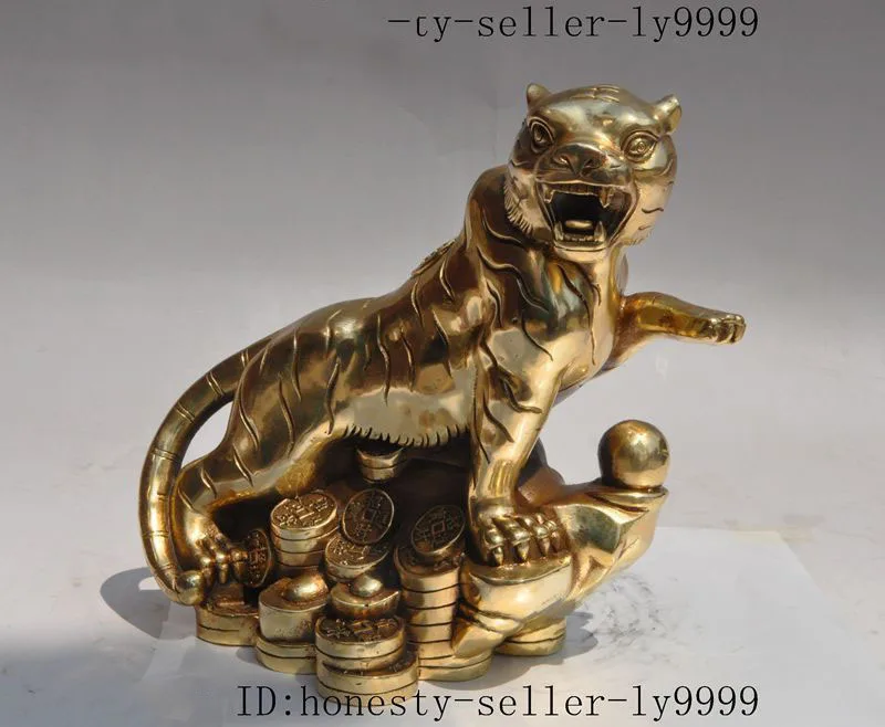 Crafts statue chinese Feng Shui brass copper wealth money coin ingot tiger lucky rich statue