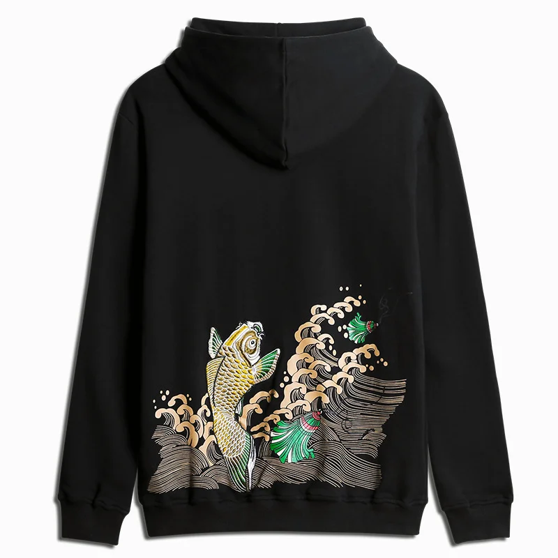 

Chinese style carp embroidery men's sweatshirts simple pure cotton loose oversized hoodies men hip hop harajuku couple pullover