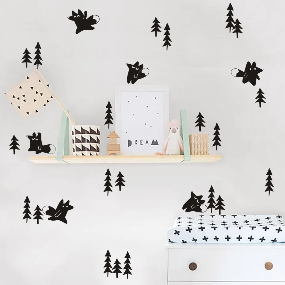 Лисы и сосны наклейка "деревья" на стену лесной наклейки с животными для детей спальня детская комната съемные обои арт домашний декор