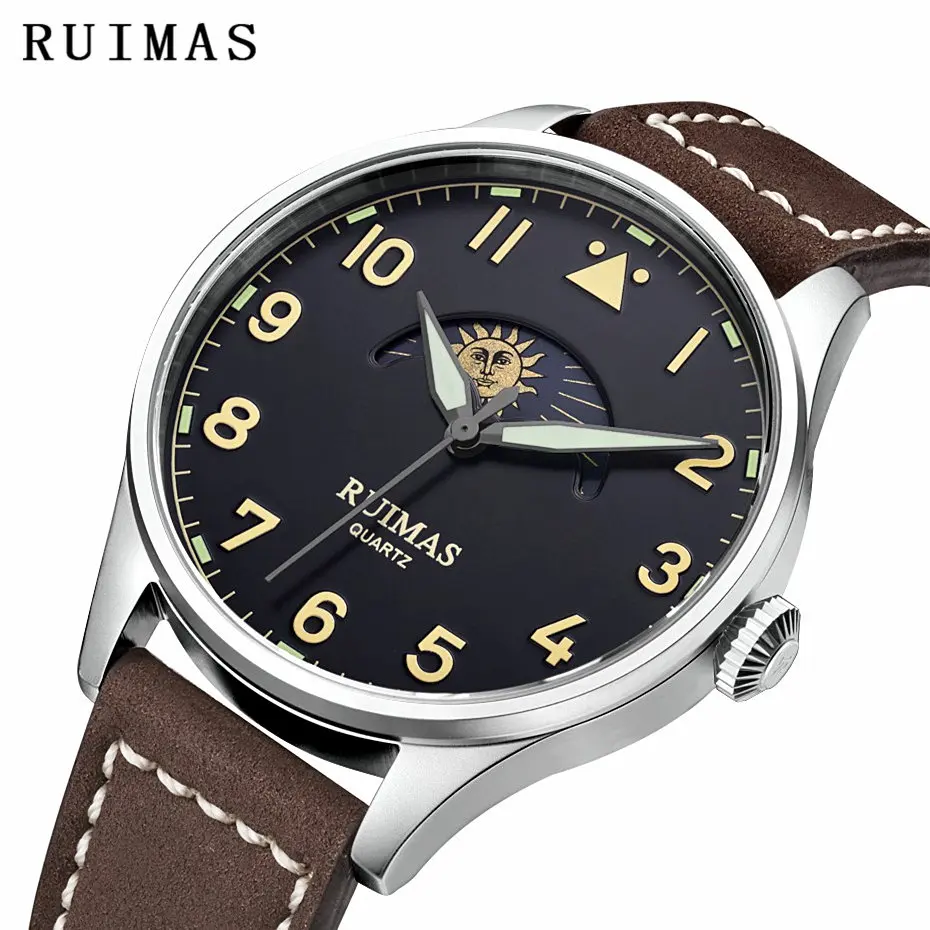 Relojes Hombre Men Fashion Moon phase Leather Strap Watch Business Quartz Watches 2018 New Design Male Clock Wristwatches RUIMAS