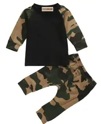 От 0 до 2 лет, камуфляжная Новогодняя одежда для новорожденных мальчиков черная футболка с длинными рукавами Топ, длинные камуфляжные штаны
