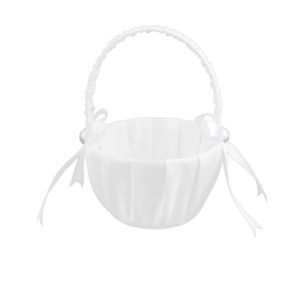 MagiDeal White Satin Pearl Flower Basket Flower Embellishment Girl Scattering Basket for Wedding Ceremony Party