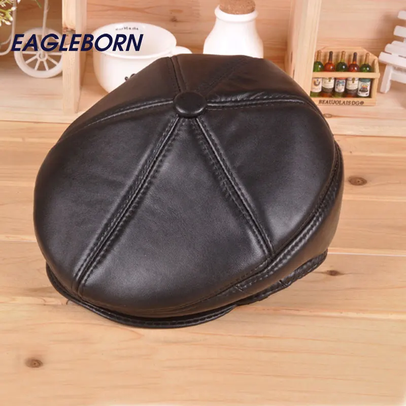 

2019 Fashion Leather Beret Men Keep Warm Caps Old Man Winter Hats with Earflaps Man Cap Good Quality Dad hat sheepskin