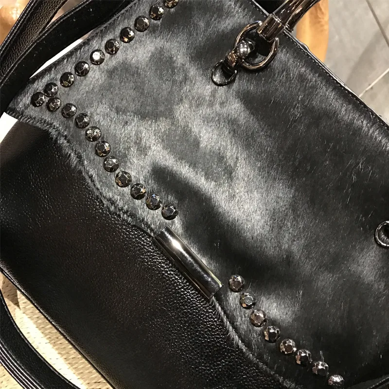  Natural Horse Hair Handbag Female Luxury Street Style Rivet Black Crossbody Bag for Women Pu Leathe - 32999112408