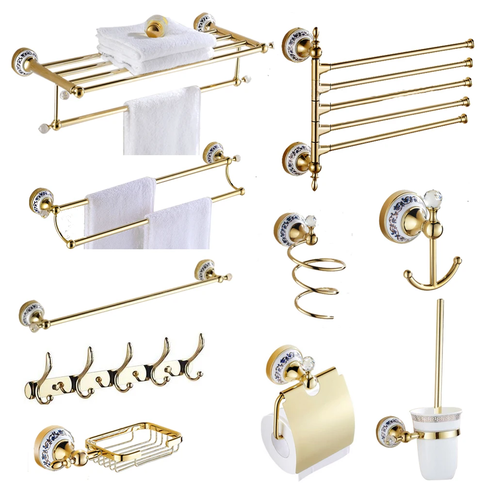 

Antique crystal wall mounted towel pole gold-plated blue and white porcelain soap net bathroom hardware set bathroom products