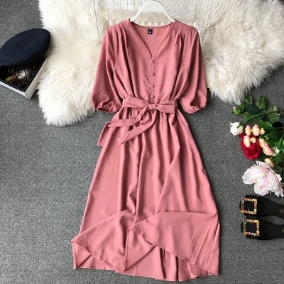 Винтажное женское офисное платье с v-образным вырезом, лето, корейское повседневное шифоновое платье средней длины Vestidos - Цвет: Розовый
