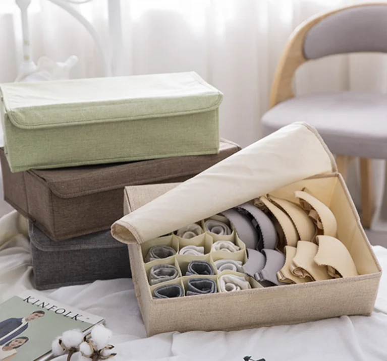 

Foldable Cotton And Linen Underwear Socks Bra Storage Boxes Wardrobe Organizer Moistureproof Drawer Divider Interior Box LF553