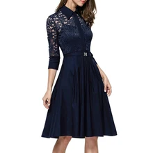 Frauen vouge 3/4 sleeve plissee spitze dress party cocktail v-ausschnitt kleider