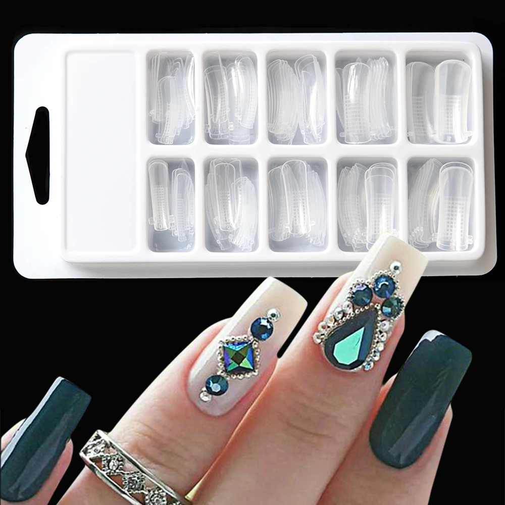 

100pcs False Nail Mold Dual Forms Builder Tips Clear Fan Quick Building Clip Finger Extension UV Gel Tips Glue Nail Tools BE658