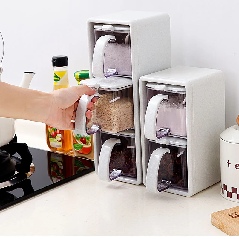 

High Quality Spice Jar With Spoon Seasoning Box Kitchen Storage Bottles Salt Jars Multifunction Storage Salt Sugar Plastic Jar