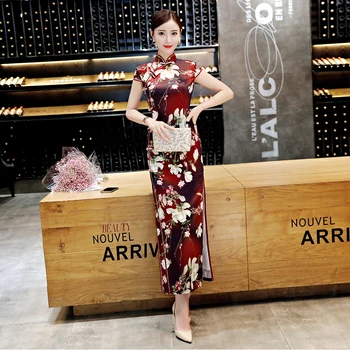 

Mandarin Collar Female Chinese Style Dress Qipao Burgundy Satin Side Split Long Cheongsam Print Flower Vintage Button Vestidos
