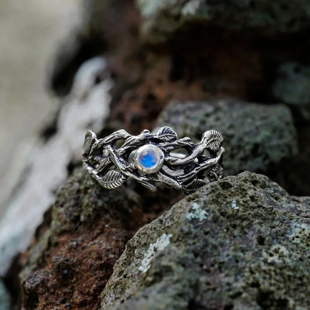 Винтажное Ретро креативное мозаичное кольцо из натурального лунного камня черного золота, тайское серебрянное кольцо, кольцо в виде листа для женщин