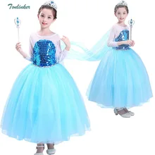 Girls Elsa Anna Costume Blue Snow Queen Long Sleeve Sequined Dress With Long Train Halloween Christmas Party Cosplay Dresses muababy girl anna dress up clothes with cape children long sleeve floral applique snow queen cosplay costume for halloween party