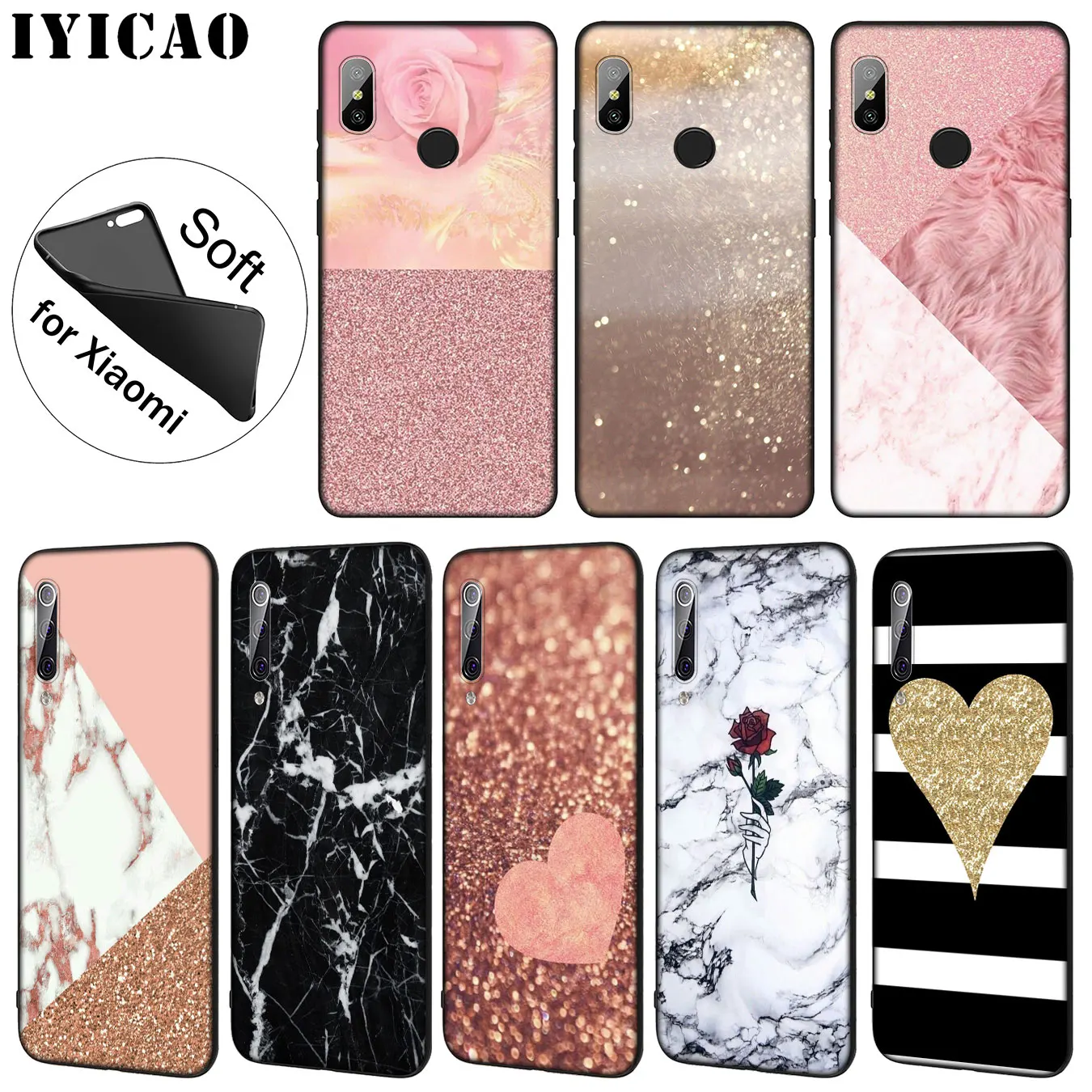 IYICAO Marble Gold Pink rose Glitter Dust Soft Silicone Case for Xiaomi Mi 10 9 9T CC9 CC9E 8 SE A3 Pro A1 A2 Lite 6 f1 |