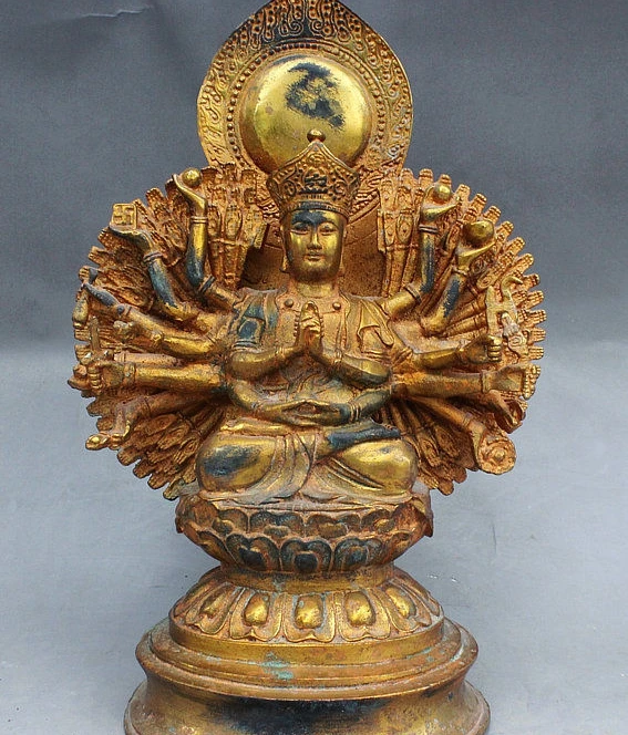 

10" Tibet Buddhism Bronze Gilt Sit 1000 Arms Avalokiteshvara of Goddess Statue