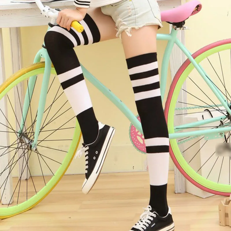 6 Colors Fashion Style Women's Over Knee High Socks Vertical Wide