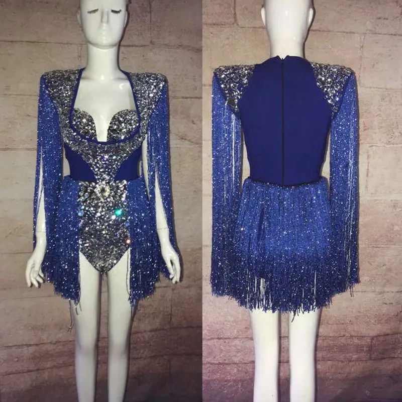 Синий кисточкой блестят боди с кристаллами для женщин наряд певица бар ночной клуб Одежда для танцев большой камни костюм одежда