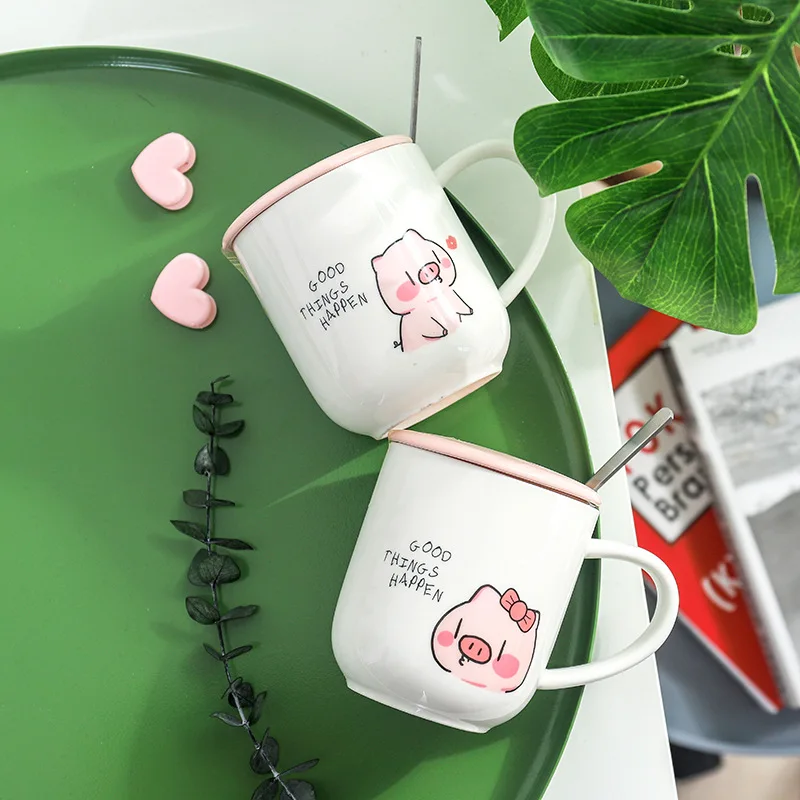 400ml Cute cartoon pink pig ceramic mug with lid spoon,Porcelain Mugs Personality Ceramic Coffee Cup Fun TeaCup Drinkware