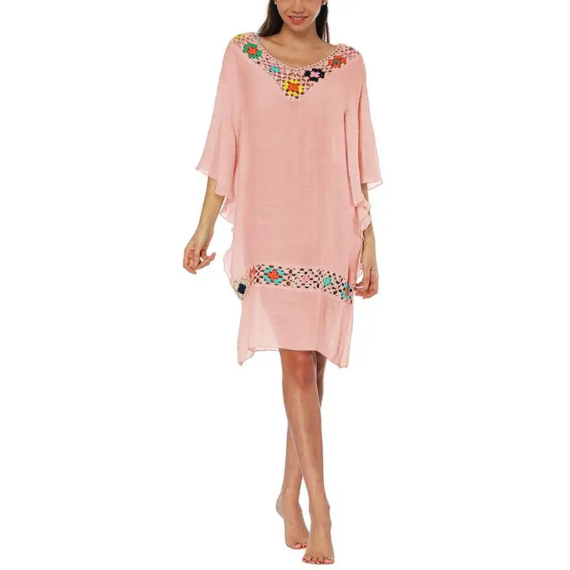 

2018 New Women Beach Swimming Female Cotton Stitching Hook Flower Bat Sleeves Loafers Shawl